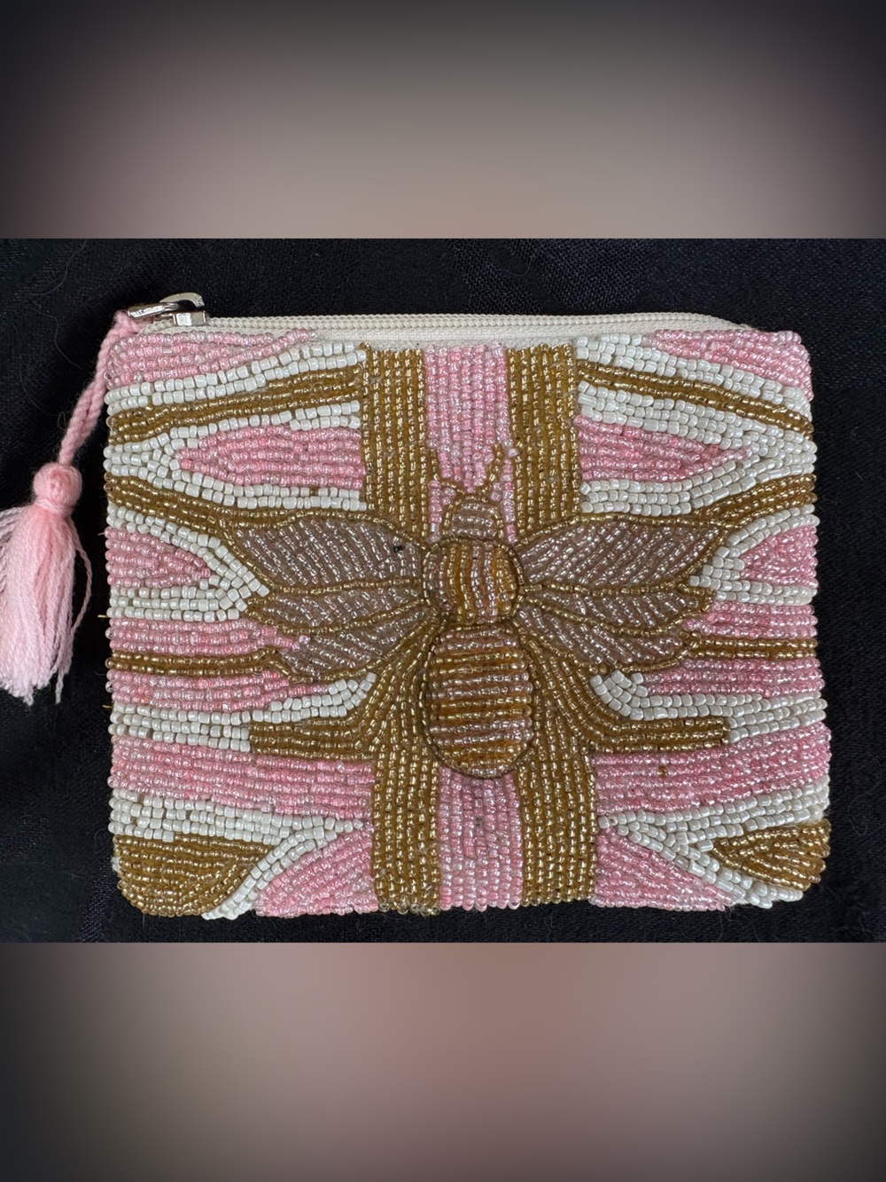 RARE America & Beyond 🐝 Bee Beaded 💕 Pink & Gold Floral Mini Pouch with Tassel